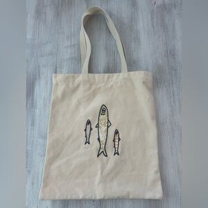 Canvas Tote Bag with Fish Print | Neutral Reusable Market Bag